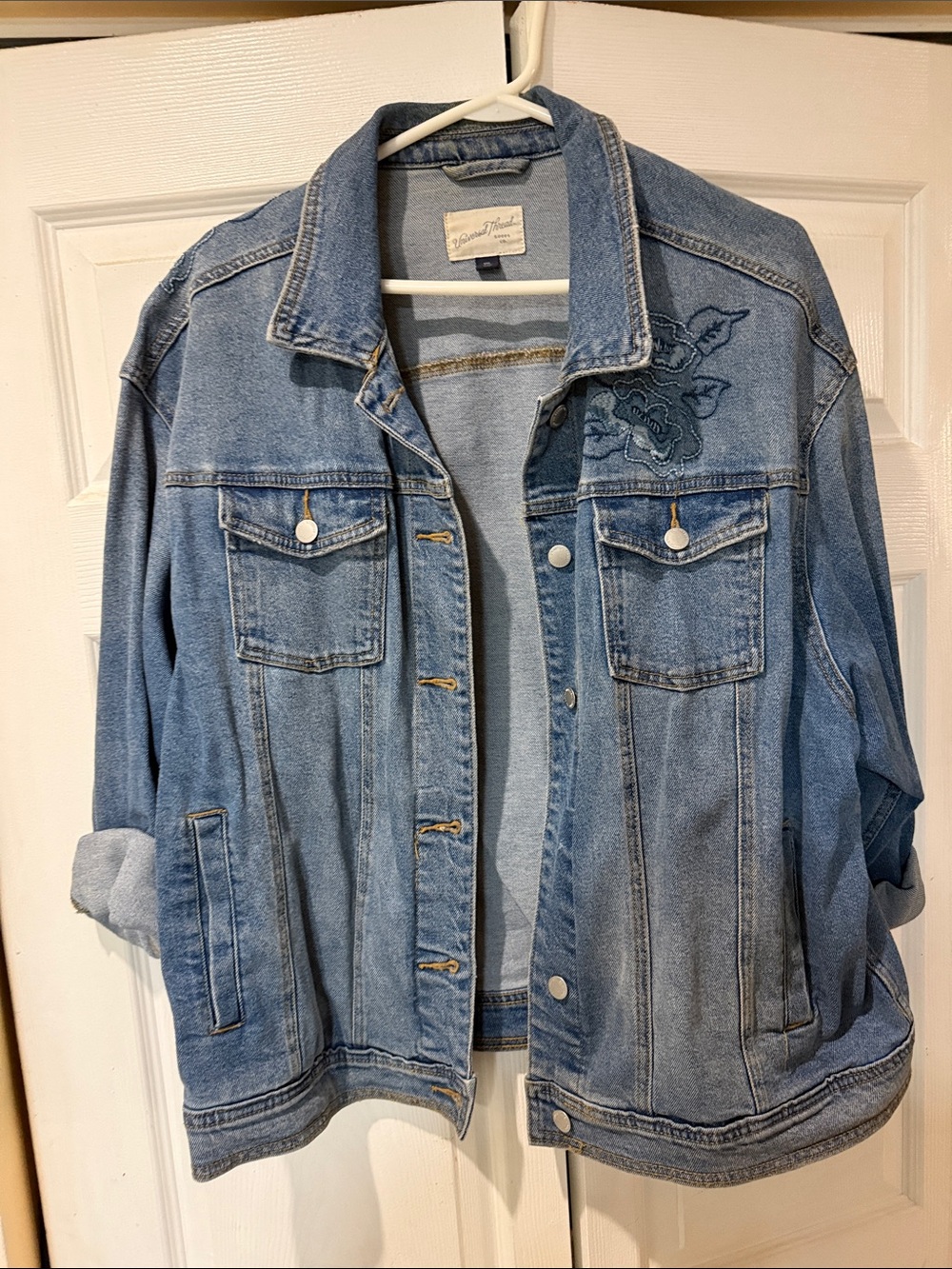 Universal Thread Light Blue Denim Jacket with Embroidered Floral Accent